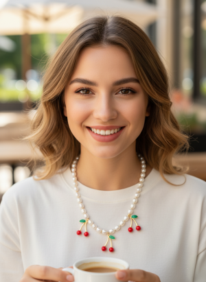 Collier fantaisie Cerise d’Amour avec perle blanche et cerises rouges pour femme
