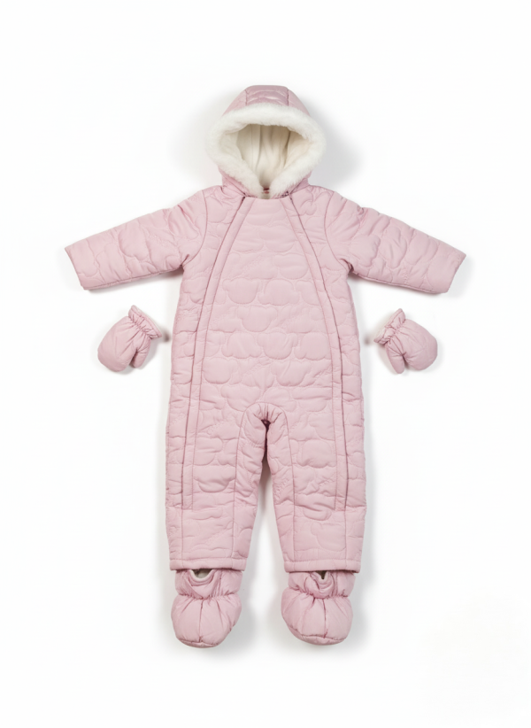 Combi Pilote Bébé Rose Matelassée – Capuche à Fourrure Blanche, Moufles & Chaussons Inclus